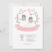 Twin Girls Cute owls babyshower 招待状 (正面)