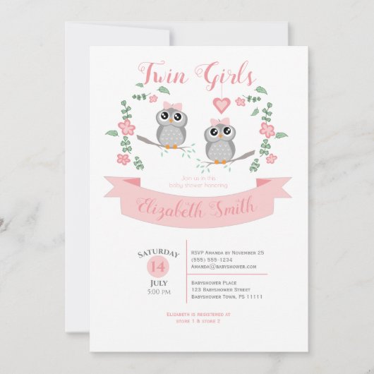 Twin Girls Cute owls babyshower 招待状 (正面)