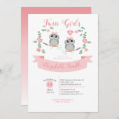 Twin Girls Cute owls babyshower 招待状 (正面/裏面)