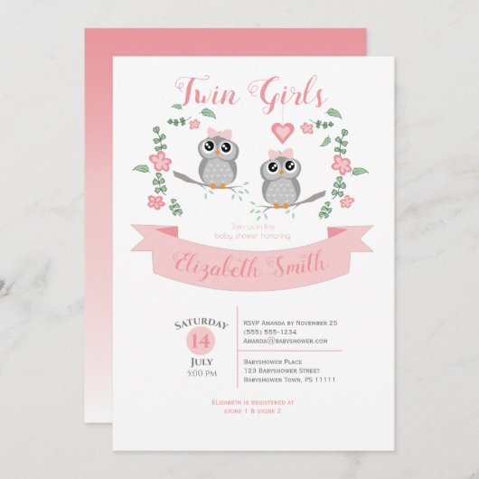 Twin Girls Cute owls babyshower 招待状 (正面/裏面)