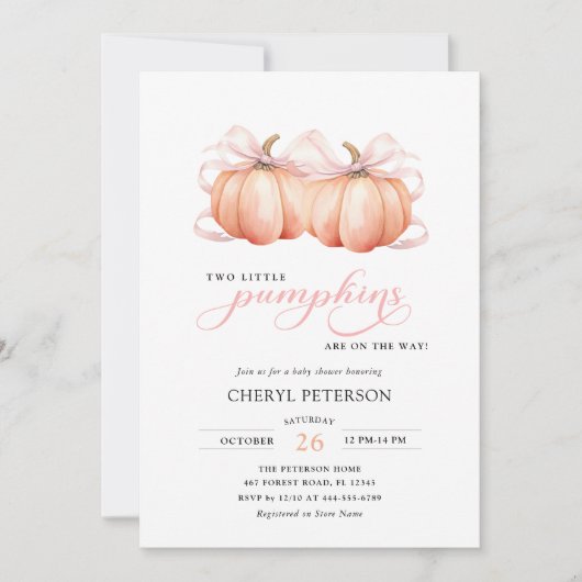 TWIN Little Pumpkins Pink Bow Baby Shower 招待状 (正面)