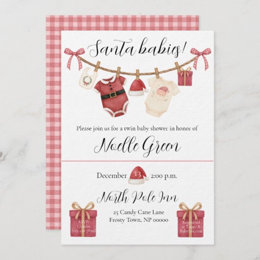 Twin Santa Babies Baby Shower Invitation 招待状 (正面/裏面)