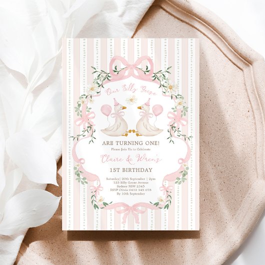 Twin Silly Geese Pink Bow Sibling Girls Birthday 招待状