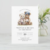 Twin Teddy Bear Watercolor Boy's 1st Birthday  招待状 (スタンド正面)