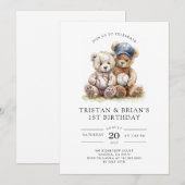 Twin Teddy Bear Watercolor Boy's 1st Birthday  招待状 (正面/裏面)
