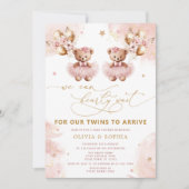 Twin Teddy Bear We Can Bearly Wait Baby Shower 招待状 (正面)