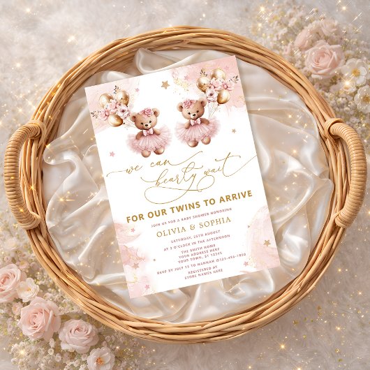 Twin Teddy Bear We Can Bearly Wait Baby Shower 招待状