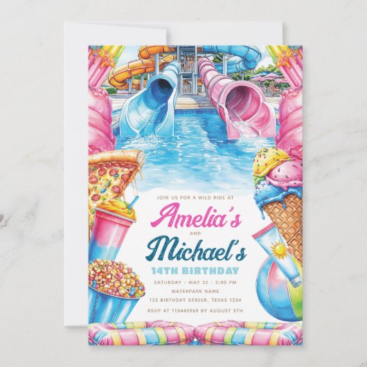 Twin Waterpark Birthday Double Summer Party 招待状 (正面)