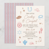 Twin Western Cowgirl and Cowboy Modern Baby Shower 招待状 (正面/裏面)