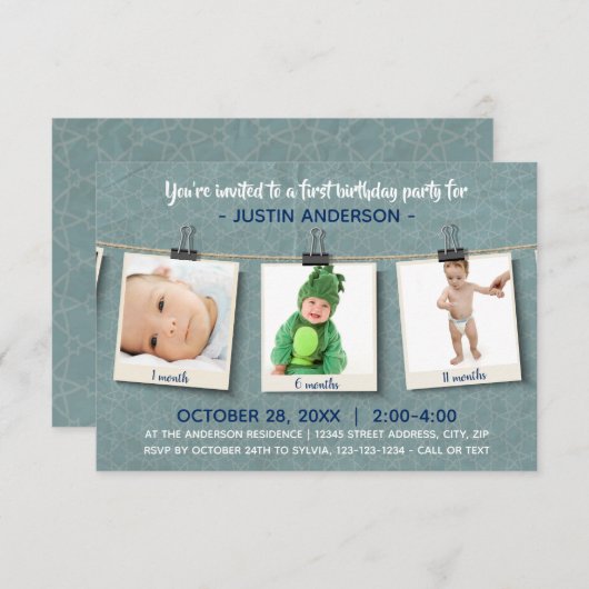 Twine-3x5誕生日パーティーへの招待に関する3枚の写真 招待状 (正面/裏面)