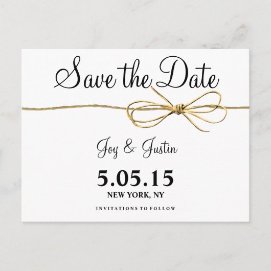 Twine Bow Save the Date 素朴 Postcard 案内ポストカード (正面)
