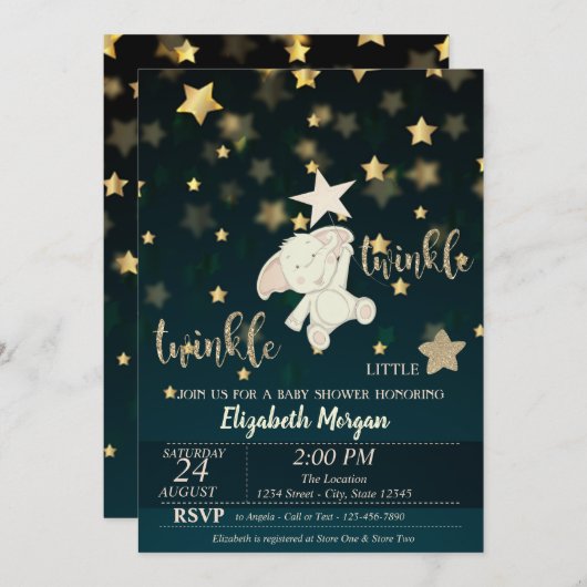 Twinkleスターブラック、金ゴールド、ベアーベイビーシャワー 招待状 (正面/裏面)