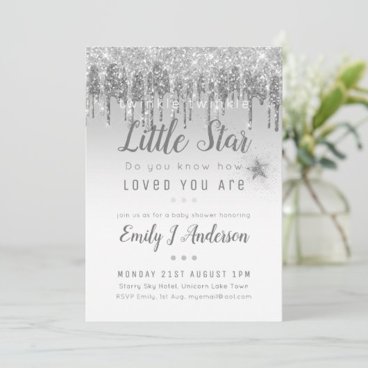 TWINKLEスターベビーシャワーシルバーグレーグリッター 招待状 (スタンド正面)
