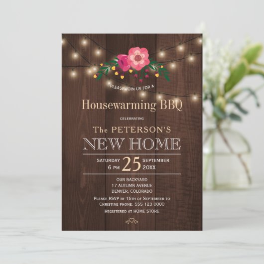 Twinkleライトフローラ素朴な引っ越し祝いパーティーbbq 招待状 (スタンド正面)