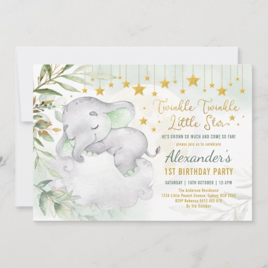 Twinkleリトルスターエレファントワイルドワン誕生日 招待状 (正面)