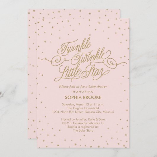 Twinkleリトルスターファンシー金ゴールド&ピンクベビーシャワー 招待状 (正面/裏面)