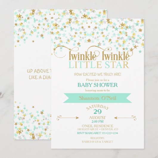 Twinkleリトルスターベビーシャワー金ゴールド&ミント 招待状 (正面/裏面)