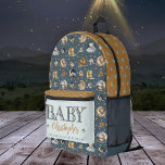 Twinkleリトルスター動物パターンボーイベビー名 プリントバックパック<br><div class="desc">"Twinkle Little Star" "ベビー"の名前の動物と月のパターンの夕暮れ青と収穫金ゴールドトーン。</div>