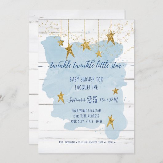 Twinkleリトルスター金ゴールドウッドボーイベビーシャワー 招待状 (正面/裏面)