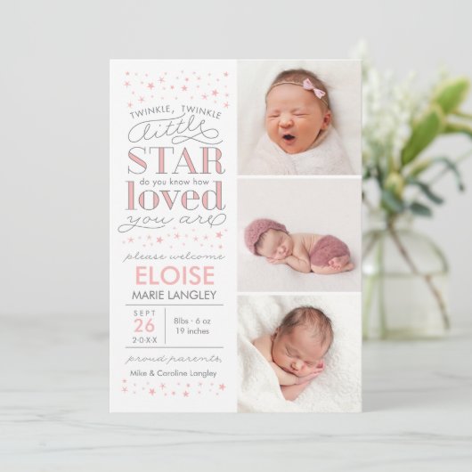 Twinkle写真数々の赤ちゃん女の子の誕生発表 案内状 (スタンド正面)