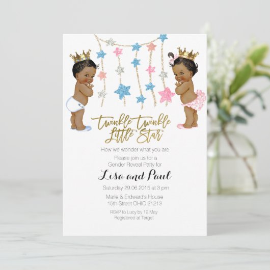 Twinkle女の子または男の子のジェンダーが招待を明らかにする 招待状 (スタンド正面)