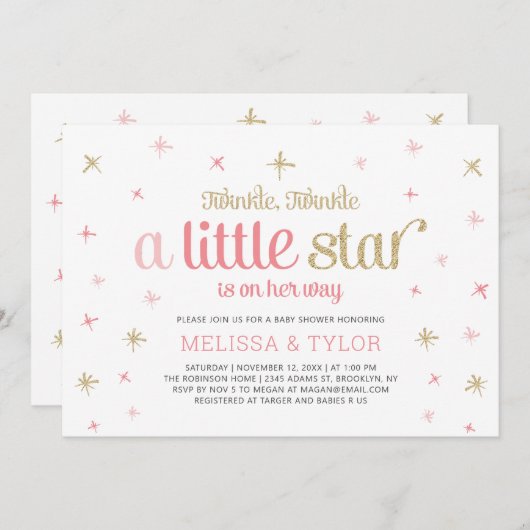 Twinkle小さな星の女の子の赤ちゃんシャワー、散水 招待状 (正面/裏面)