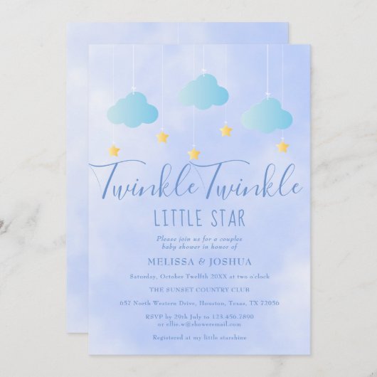 Twinkle小さな星の男の子ブルーベビーシャワー 招待状 (正面/裏面)