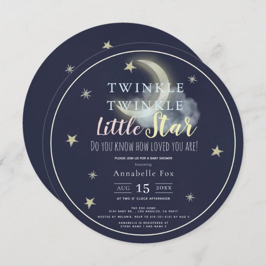 Twinkle小さな星ネイビーブルーサークル赤ちゃんシャワー 招待状 (正面/裏面)