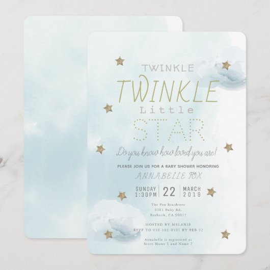 Twinkle小さな星ブルーボーイベビーシャワー 招待状 (正面/裏面)