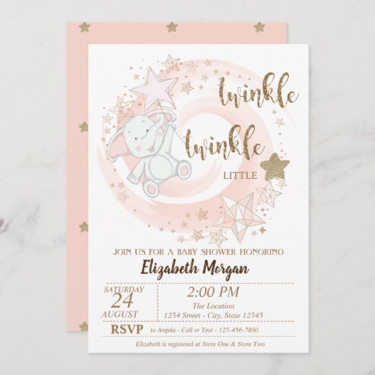 Twinkle小さな星、ベビークマ赤ちゃんシャワー 招待状 (正面/裏面)