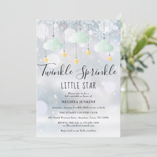 Twinkle散水小さな星の冬の赤ちゃんシャワー 招待状 (スタンド正面)