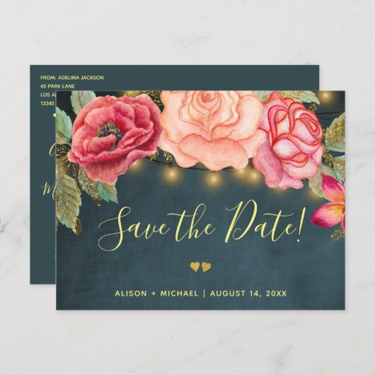 Twinkle Lightsネイビー赤面結婚バラ救の日付 案内ポストカード (正面/裏面)