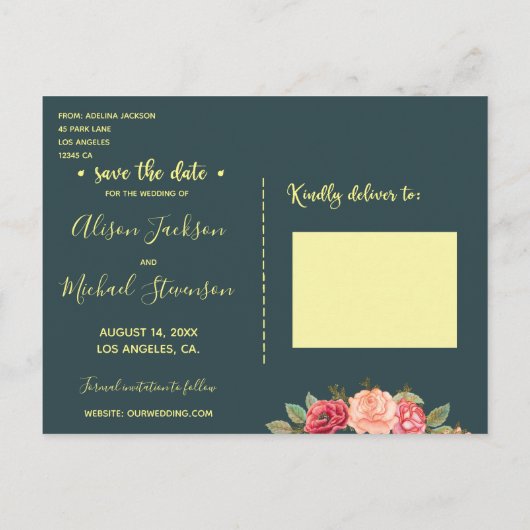 Twinkle Lightsネイビー赤面結婚バラ救の日付 案内ポストカード (裏面)