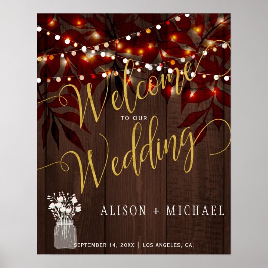 Twinkle Lights素朴な秋の結婚式歓迎サイン ポスター (正面)