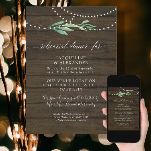 Twinkle Lights Greeneryリハーサル素朴ディナー 招待状