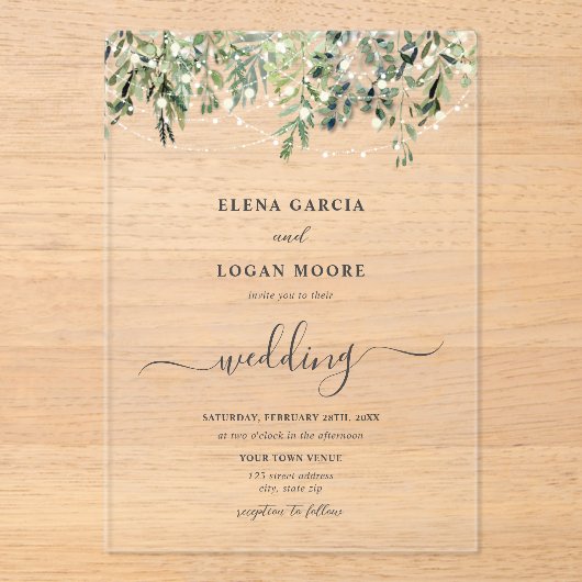 Twinkle Lights Greenery結婚's アクリル招待状 (正面)