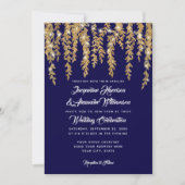 Twinkle Lights Willow Treeモダン葉 Navy金ゴールド 招待状 (正面)