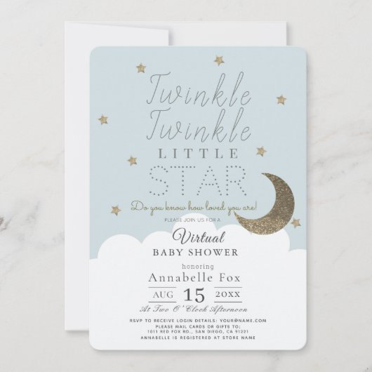 Twinkle Little Star Blue Boy Virtual Baby Shower 招待状 (正面)