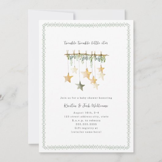 Twinkle Little Star Boho Neutral Green Baby Shower 招待状 (正面)