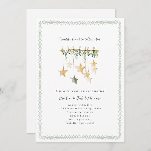 Twinkle Little Star Boho Neutral Green Baby Shower 招待状 (正面/裏面)