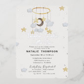 Twinkle Little Star Boy Blue Baby Shower Silver 箔招待状 (正面)