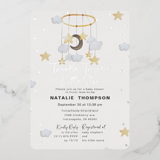 Twinkle Little Star Boy Blue Baby Shower Silver 箔招待状 (正面)