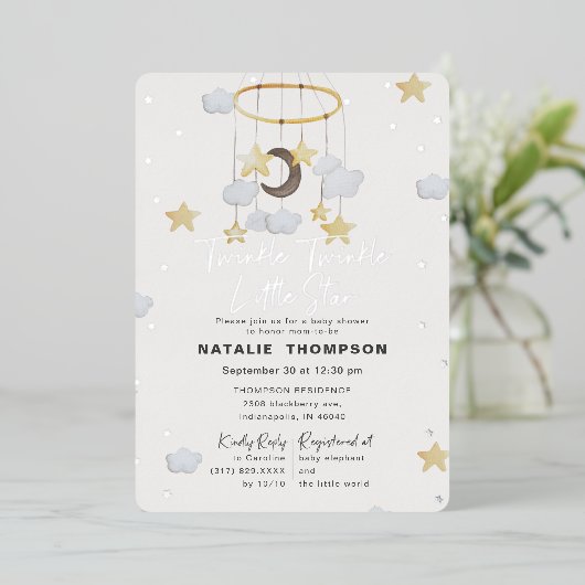 Twinkle Little Star Boy Blue Baby Shower Silver 箔招待状 (立ち正面)