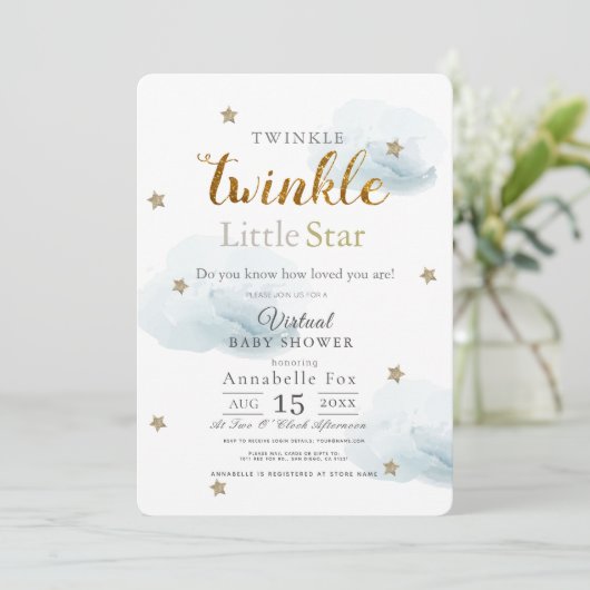 Twinkle Little Star Cloud Blue Virtual Baby Shower 招待状 (スタンド正面)