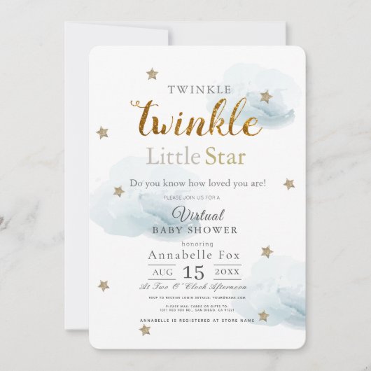 Twinkle Little Star Cloud Blue Virtual Baby Shower 招待状 (正面)