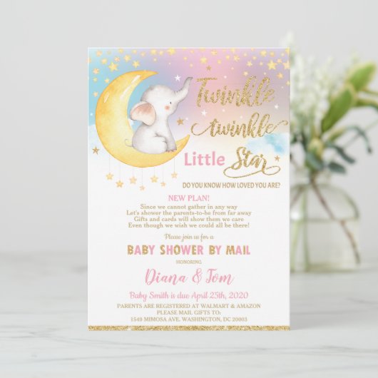 Twinkle Little Star Elephant Baby Shower by Mail 招待状 (スタンド正面)