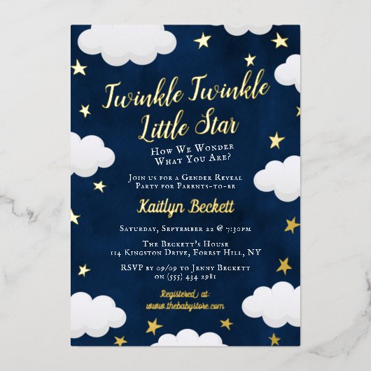Twinkle Little Star Genderがパーティーを明らかに実在 箔招待状 (正面)