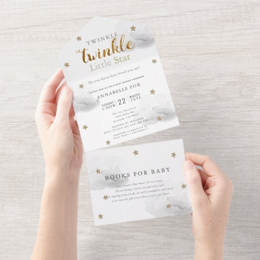 Twinkle Little Star Gray Book Baby Shower オールインワン招待状 (貼ってはがせる)