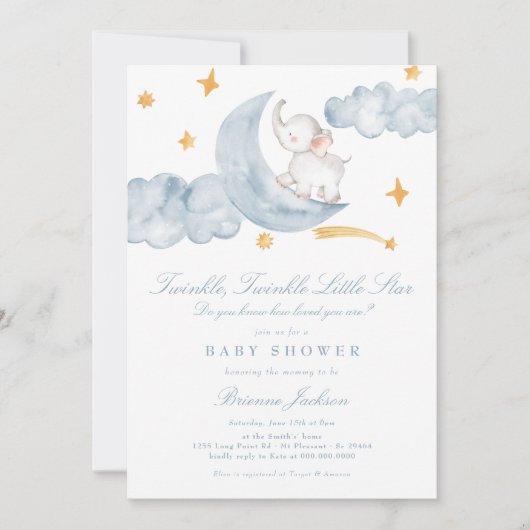 Twinkle Little Star Moon Blue Boy Baby Shower 招待状 (正面)