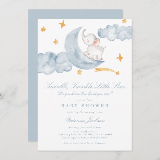 Twinkle Little Star Moon Blue Boy Baby Shower 招待状 (正面/裏面)